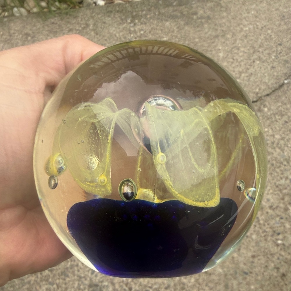 Vintage 80s Handblown Blue and Yellow Glass Art and paper weight